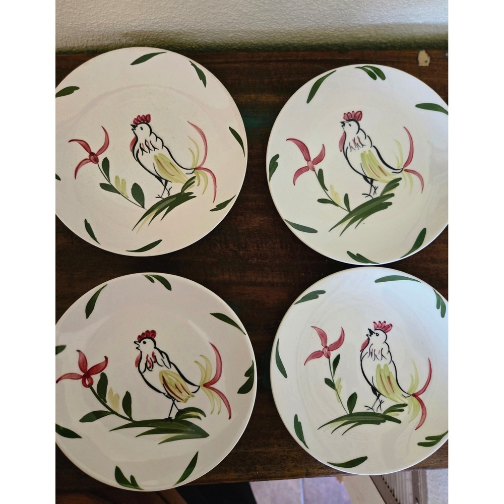 Set of 4 Hand Painted Rooster Ceramic Plates Chanticleer 6.25" Blue Ridge